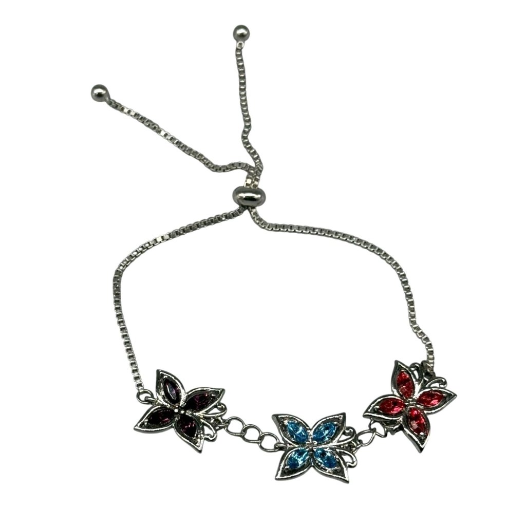 New Karis Swarovski Multicolor Crystals Three Flower Tennis Bracelet Silver Tone 24$